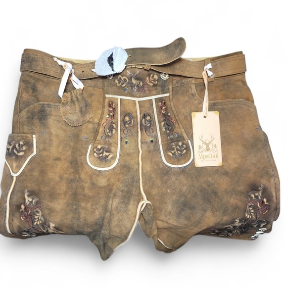 AlpsOak Mens Leather Lederhosen Oktoberfest Trachten Wear Brown Embroidered - Picture 6 of 8